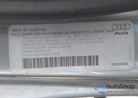 2013 Audi A7 3.0T Premium from USA, damaged, VIN WAUYGAFC0DN016078